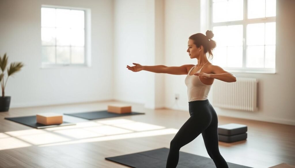 A serene, well-lit studio with soft natural lighting filtering through large windows. In the foreground, a graceful figure performing a gentle Pilates routine - flowing arm movements, deep breathing, and focused core engagement. The middle ground features neatly arranged exercise mats, blocks, and other minimal Pilates equipment. The background fades into a tranquil, minimalist environment with muted colors and a sense of calming serenity. The overall atmosphere evokes a nurturing, restorative experience, ideal for reducing stress and building strength through a mindful Pilates practice. A serene, well-lit studio with soft natural lighting filtering through large windows. In the foreground, a graceful figure performing a gentle Pilates routine - flowing arm movements, deep breathing, and focused core engagement. The middle ground features neatly arranged exercise mats, blocks, and other minimal Pilates equipment. The background fades into a tranquil, minimalist environment with muted colors and a sense of calming serenity. The overall atmosphere evokes a nurturing, restorative experience, ideal for reducing stress and building strength through a mindful Pilates practice.