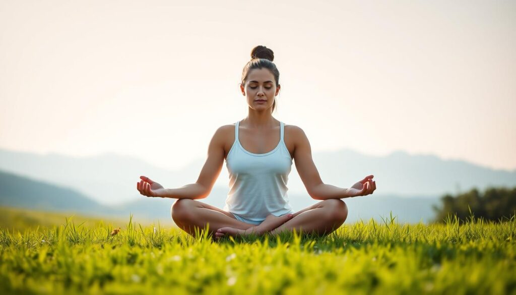 A serene yoga practitioner sitting in a lotus position on a lush green meadow, surrounded by a calming natural landscape. Soft, diffused natural lighting illuminates the scene, creating a peaceful and introspective atmosphere. In the background, a distant mountain range is visible, evoking a sense of tranquility and connection with the natural world. The yogi's expression is one of deep focus and mindfulness, radiating a sense of inner calm and stress relief. The overall composition conveys the soothing and restorative effects of yoga on the mind and body. A serene yoga practitioner sitting in a lotus position on a lush green meadow, surrounded by a calming natural landscape. Soft, diffused natural lighting illuminates the scene, creating a peaceful and introspective atmosphere. In the background, a distant mountain range is visible, evoking a sense of tranquility and connection with the natural world. The yogi's expression is one of deep focus and mindfulness, radiating a sense of inner calm and stress relief. The overall composition conveys the soothing and restorative effects of yoga on the mind and body.