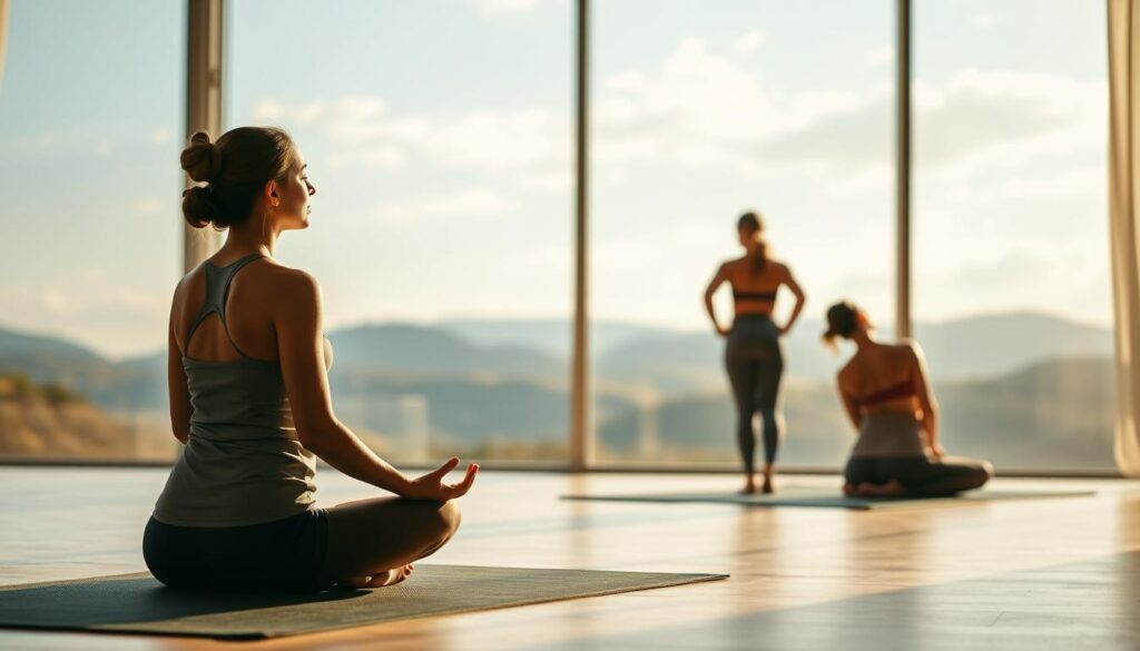 A serene yoga studio with warm, natural lighting. In the foreground, a woman practices a soothing, lotus-style seated pose, her eyes closed in meditation. In the middle ground, a series of gentle backbends and forward folds, relieving lower back tension. The background features a tranquil landscape with soft, rolling hills and a calming sky. The overall mood is one of balance, restoration, and relief from the symptoms of PMS. A serene yoga studio with warm, natural lighting. In the foreground, a woman practices a soothing, lotus-style seated pose, her eyes closed in meditation. In the middle ground, a series of gentle backbends and forward folds, relieving lower back tension. The background features a tranquil landscape with soft, rolling hills and a calming sky. The overall mood is one of balance, restoration, and relief from the symptoms of PMS.