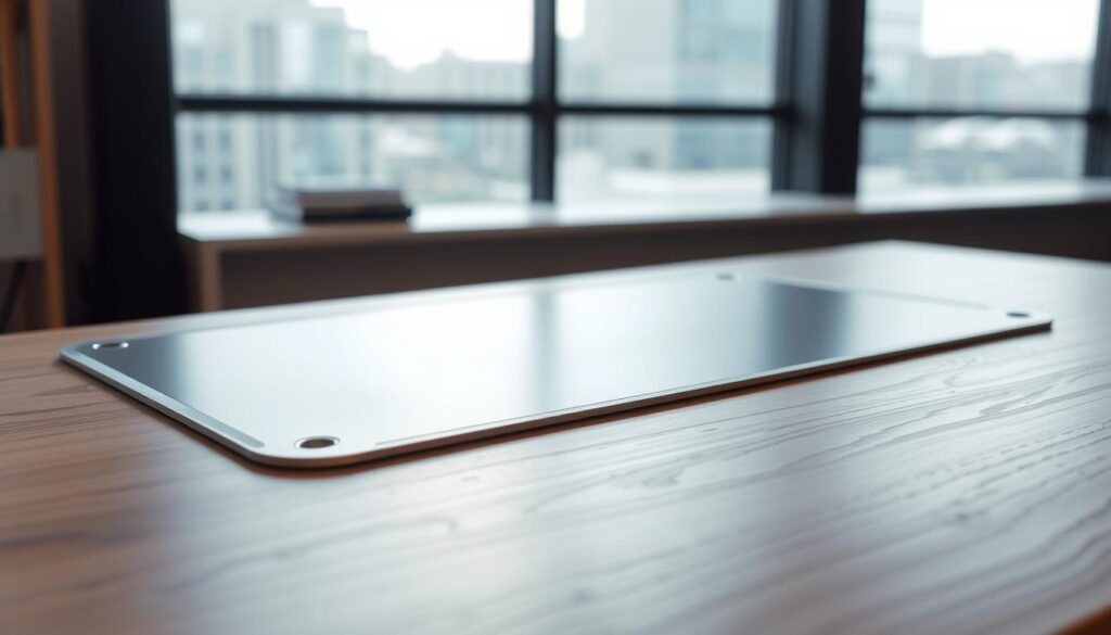 A sleek, modern grounding mat resting on a minimalist wooden desk, its metallic surface reflecting soft, natural lighting from a large window. The mat's edges are slightly raised, creating a subtle, textured frame. The background is a tranquil, blurred office setting, allowing the mat to be the focal point. The overall composition conveys a sense of simplicity, functionality, and a touch of contemporary elegance, perfectly suited to illustrate the "Products, Setup, and Smart Use: Mats, Sheets, and Grounding Rods" section of the article.