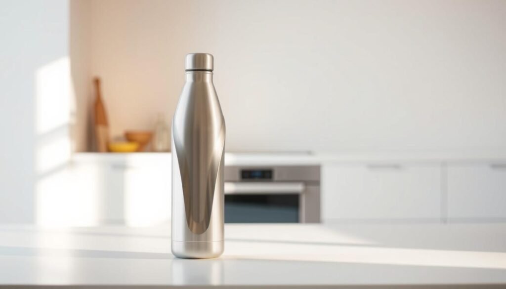 A sleek, modern hydration bottle standing prominently in the foreground, its curved shape and metallic finish catching the soft, warm lighting from above. The bottle is situated on a minimalist, white surface, creating a clean and inviting atmosphere. In the middle ground, a subtle reflection of the bottle can be seen, adding depth and dimension to the scene. The background is slightly blurred, allowing the focus to remain on the bottle and its striking design, conveying a sense of simplicity and practicality that aligns with the "Hydration and Kitchen Helpers That Nudge Health Habits" theme. A sleek, modern hydration bottle standing prominently in the foreground, its curved shape and metallic finish catching the soft, warm lighting from above. The bottle is situated on a minimalist, white surface, creating a clean and inviting atmosphere. In the middle ground, a subtle reflection of the bottle can be seen, adding depth and dimension to the scene. The background is slightly blurred, allowing the focus to remain on the bottle and its striking design, conveying a sense of simplicity and practicality that aligns with the "Hydration and Kitchen Helpers That Nudge Health Habits" theme.