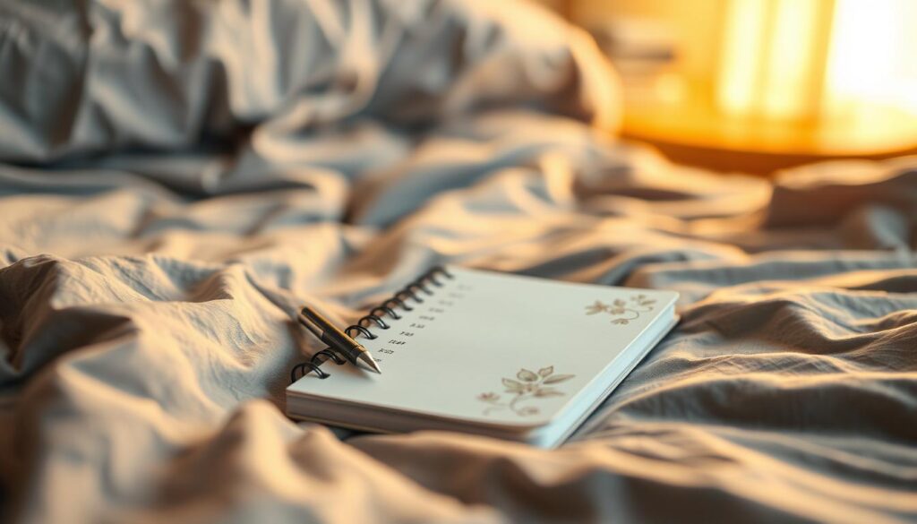 A sleep diary resting on a soft, gray bedsheet. The diary's cover features a delicate floral pattern, with a pen nestled beside it. The lighting is warm and gentle, casting a cozy glow across the scene. The diary is positioned in the foreground, slightly angled, inviting the viewer to pick it up and start recording their sleep patterns. The background is blurred, creating a sense of focus and tranquility, hinting at the transformative power of this simple yet effective tool. A sleep diary resting on a soft, gray bedsheet. The diary's cover features a delicate floral pattern, with a pen nestled beside it. The lighting is warm and gentle, casting a cozy glow across the scene. The diary is positioned in the foreground, slightly angled, inviting the viewer to pick it up and start recording their sleep patterns. The background is blurred, creating a sense of focus and tranquility, hinting at the transformative power of this simple yet effective tool.