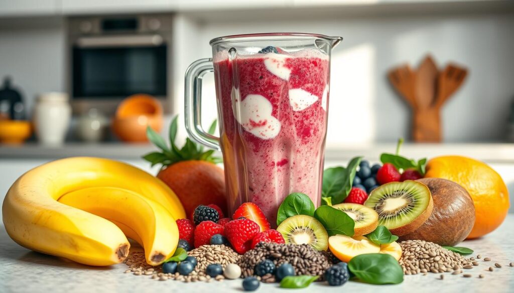 A smoothie base composed of fresh, vibrant ingredients arranged in an artful, appetizing manner. The foreground features a blender jar filled with a lush, creamy blend of Greek yogurt, frozen berries, and a touch of honey. Surrounding the blender, an assortment of whole fruits, such as banana, mango, and kiwi, are neatly sliced and arranged. The middle ground showcases a variety of superfoods, including chia seeds, flaxseeds, and spinach leaves, scattered around the blender. The background features a clean, minimalist kitchen counter, with a natural light source casting a soft, warm glow over the scene, creating a welcoming, health-conscious atmosphere. A smoothie base composed of fresh, vibrant ingredients arranged in an artful, appetizing manner. The foreground features a blender jar filled with a lush, creamy blend of Greek yogurt, frozen berries, and a touch of honey. Surrounding the blender, an assortment of whole fruits, such as banana, mango, and kiwi, are neatly sliced and arranged. The middle ground showcases a variety of superfoods, including chia seeds, flaxseeds, and spinach leaves, scattered around the blender. The background features a clean, minimalist kitchen counter, with a natural light source casting a soft, warm glow over the scene, creating a welcoming, health-conscious atmosphere.