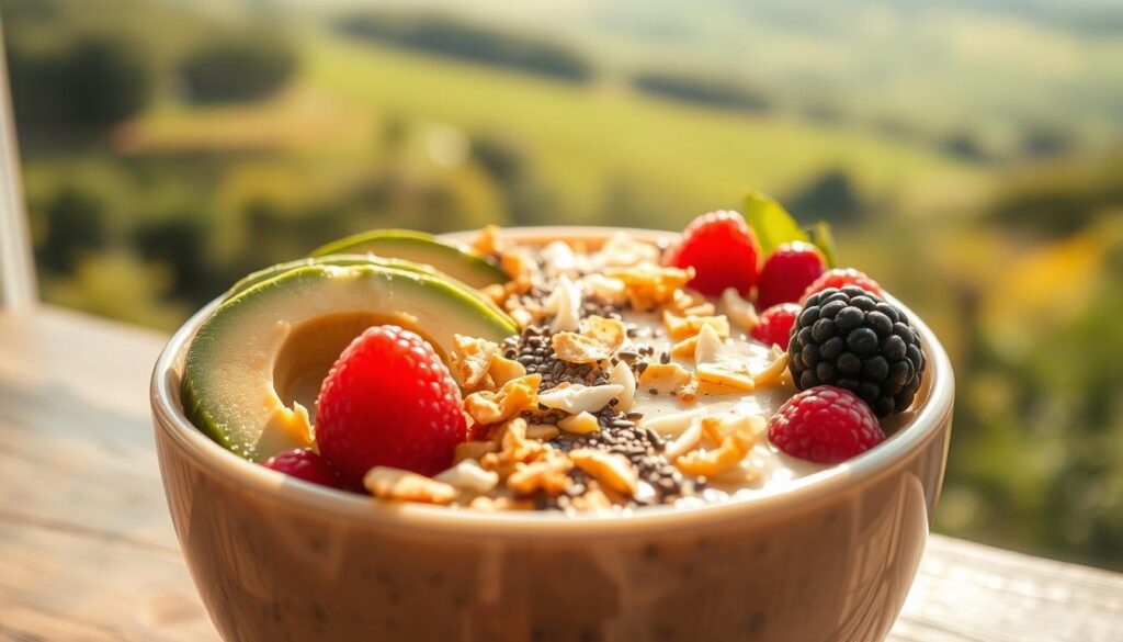 A smoothie bowl filled with an array of healthy fats, including avocado slices, toasted coconut flakes, and drizzles of nut butter. The sunlit scene is captured with a warm, natural lighting effect, highlighting the creamy textures and rich colors of the ingredients. The composition is balanced, with the smoothie occupying the central foreground and complementary elements like fresh berries and a sprinkling of chia seeds in the middle ground. The background features a soft, blurred landscape, creating a serene, inviting atmosphere. The overall impression is one of a nutritious, satisfying meal that nourishes both body and mind. A smoothie bowl filled with an array of healthy fats, including avocado slices, toasted coconut flakes, and drizzles of nut butter. The sunlit scene is captured with a warm, natural lighting effect, highlighting the creamy textures and rich colors of the ingredients. The composition is balanced, with the smoothie occupying the central foreground and complementary elements like fresh berries and a sprinkling of chia seeds in the middle ground. The background features a soft, blurred landscape, creating a serene, inviting atmosphere. The overall impression is one of a nutritious, satisfying meal that nourishes both body and mind.