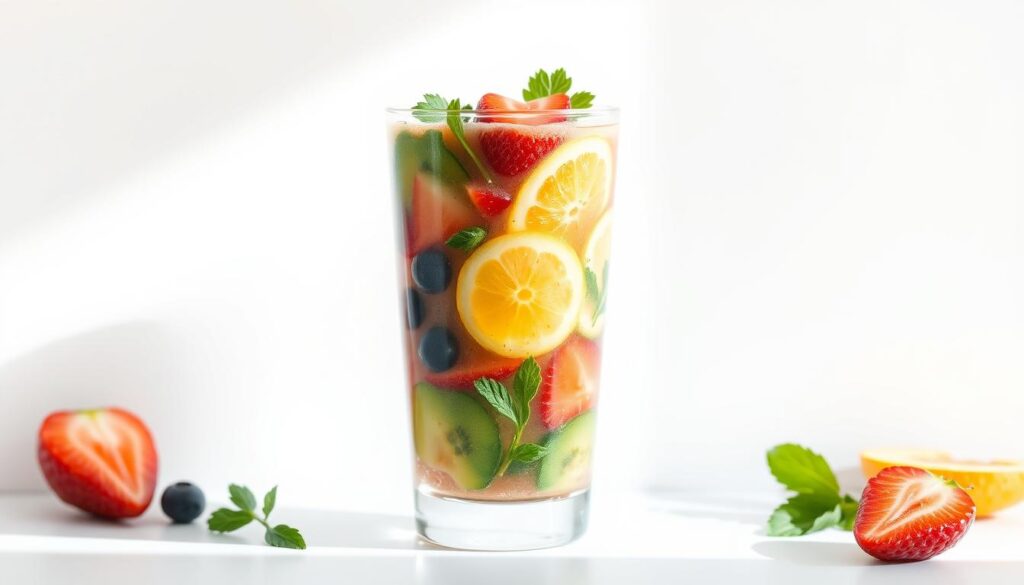 A smoothie with various fruits, vegetables, and ingredients floating in a transparent glass, set against a clean white background. The smoothie should have a vibrant, appetizing appearance, with different colors and textures visible. The glass should be positioned to allow for a clear view of the contents, highlighting the visual appeal and the various components that contribute to the smoothie's calorie count. Soft, natural lighting from the side casts a gentle glow, emphasizing the smoothie's freshness and healthiness. The overall mood is clean, inviting, and informative, guiding the viewer's attention to the caloric considerations of a seemingly healthy beverage. A smoothie with various fruits, vegetables, and ingredients floating in a transparent glass, set against a clean white background. The smoothie should have a vibrant, appetizing appearance, with different colors and textures visible. The glass should be positioned to allow for a clear view of the contents, highlighting the visual appeal and the various components that contribute to the smoothie's calorie count. Soft, natural lighting from the side casts a gentle glow, emphasizing the smoothie's freshness and healthiness. The overall mood is clean, inviting, and informative, guiding the viewer's attention to the caloric considerations of a seemingly healthy beverage.