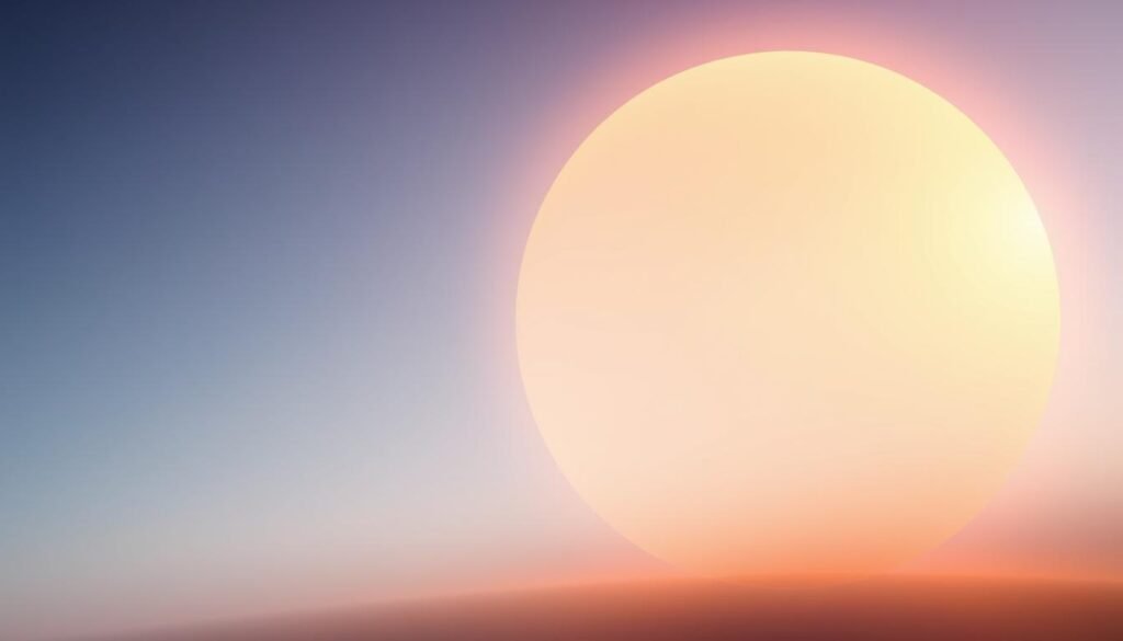 A softly glowing, circular shape depicting the circadian rhythm of natural light. The foreground shows a large, warm-toned orb pulsing with a gentle radiance, suggesting the daily cycle of dawn and dusk. The middle ground features a faint gradient of cool blues and purples, representing the transition from day to night. In the background, delicate lines and shapes evoke the wavelengths of light that govern our internal clocks. The composition conveys a sense of balance, harmony, and the ever-shifting patterns that influence our sleep and wakefulness.