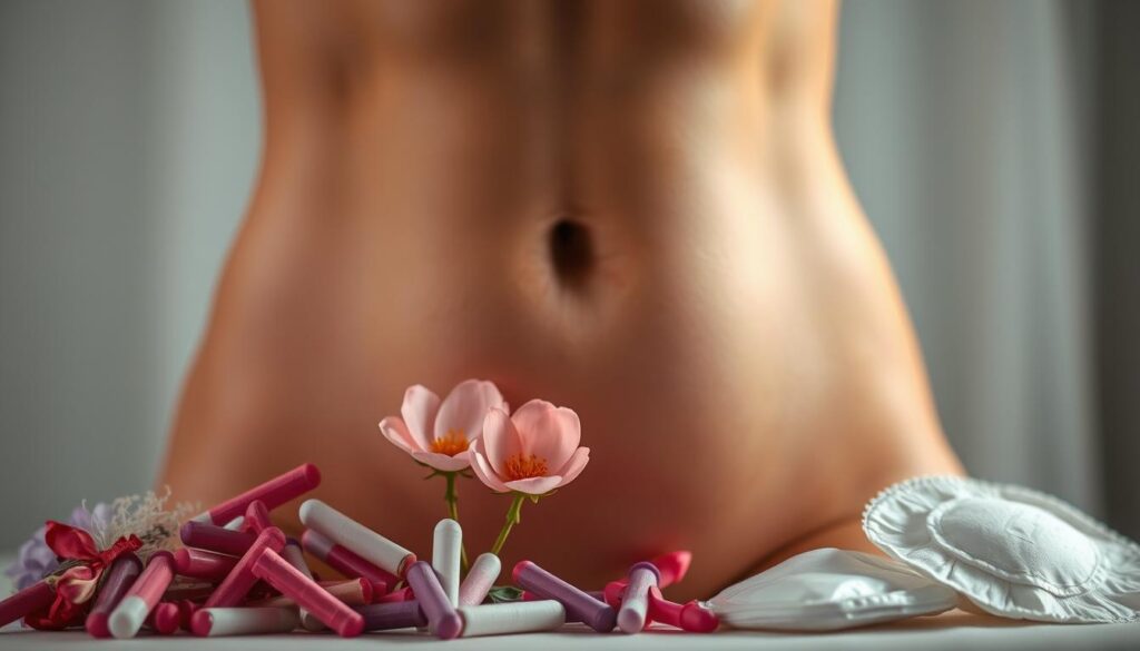 A softly lit, close-up portrait of a woman's lower abdomen, with a focus on the pelvic region. The skin is smooth and glowing, with a subtle hint of warmth. In the foreground, a colorful array of feminine hygiene products, such as tampons and pads, are artfully arranged, symbolizing the cyclical nature of menstruation. In the middle ground, a delicate floral arrangement, with petals in shades of pink and red, represents the beauty and fragility of fertility. The background is hazy and out of focus, creating a serene, introspective atmosphere, emphasizing the personal and introspective nature of this transition. A softly lit, close-up portrait of a woman's lower abdomen, with a focus on the pelvic region. The skin is smooth and glowing, with a subtle hint of warmth. In the foreground, a colorful array of feminine hygiene products, such as tampons and pads, are artfully arranged, symbolizing the cyclical nature of menstruation. In the middle ground, a delicate floral arrangement, with petals in shades of pink and red, represents the beauty and fragility of fertility. The background is hazy and out of focus, creating a serene, introspective atmosphere, emphasizing the personal and introspective nature of this transition.