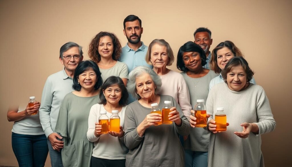 A softly lit portrait shot against a muted, pastel-hued background. In the foreground, a diverse group of adults - some young, some elderly, various ethnicities - stand or sit together, their expressions thoughtful and engaged. They hold bottles and jars of evening primrose oil, the amber liquid within casting a warm glow. The lighting is soft and diffused, creating a sense of intimacy and introspection. The composition is balanced, with the subjects arranged in a visually pleasing manner. The overall tone is one of contemplation, as if the viewer is invited to consider who might benefit from this natural remedy. A softly lit portrait shot against a muted, pastel-hued background. In the foreground, a diverse group of adults - some young, some elderly, various ethnicities - stand or sit together, their expressions thoughtful and engaged. They hold bottles and jars of evening primrose oil, the amber liquid within casting a warm glow. The lighting is soft and diffused, creating a sense of intimacy and introspection. The composition is balanced, with the subjects arranged in a visually pleasing manner. The overall tone is one of contemplation, as if the viewer is invited to consider who might benefit from this natural remedy.