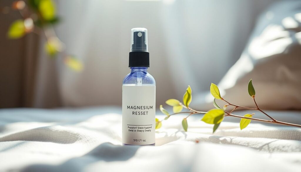 A soothing and calming scene of a magnesium reset spray bottle, resting on a soft, textured surface. The bottle is highlighted with natural, diffused lighting, creating a serene and inviting atmosphere. In the middle ground, delicate green leaves and subtle botanical elements frame the bottle, evoking a sense of nature's healing properties. The background is blurred, allowing the focus to remain on the central product, suggesting its importance and efficacy. The overall composition conveys a sense of tranquility, wellness, and the product's ability to support sleep and alleviate stress. A soothing and calming scene of a magnesium reset spray bottle, resting on a soft, textured surface. The bottle is highlighted with natural, diffused lighting, creating a serene and inviting atmosphere. In the middle ground, delicate green leaves and subtle botanical elements frame the bottle, evoking a sense of nature's healing properties. The background is blurred, allowing the focus to remain on the central product, suggesting its importance and efficacy. The overall composition conveys a sense of tranquility, wellness, and the product's ability to support sleep and alleviate stress.