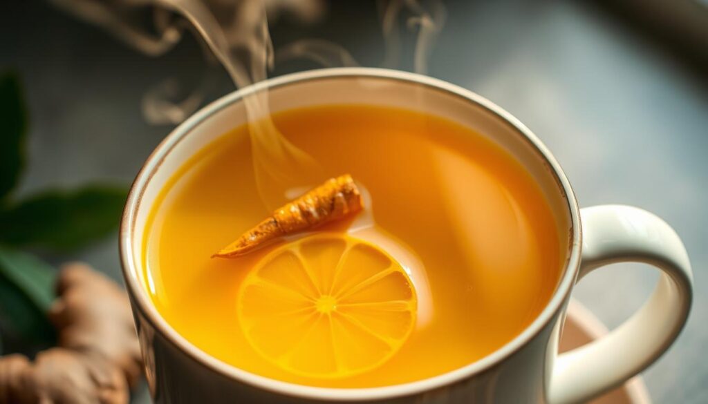 A steaming mug of ginger turmeric tea, its golden hue illuminated by soft, warm lighting. Thin slices of fresh ginger and turmeric root float among the fragrant liquid, their earthy tones complementing the gentle steam rising from the cup. The scene is captured from a slightly elevated angle, emphasizing the soothing, comforting nature of this restorative beverage. The background is blurred, keeping the focus on the vibrant, aromatic tea and its healthful ingredients. Elegant, minimalist styling evokes a sense of balance and tranquility, reflecting the anti-inflammatory benefits of this powerful herbal infusion. A steaming mug of ginger turmeric tea, its golden hue illuminated by soft, warm lighting. Thin slices of fresh ginger and turmeric root float among the fragrant liquid, their earthy tones complementing the gentle steam rising from the cup. The scene is captured from a slightly elevated angle, emphasizing the soothing, comforting nature of this restorative beverage. The background is blurred, keeping the focus on the vibrant, aromatic tea and its healthful ingredients. Elegant, minimalist styling evokes a sense of balance and tranquility, reflecting the anti-inflammatory benefits of this powerful herbal infusion.
