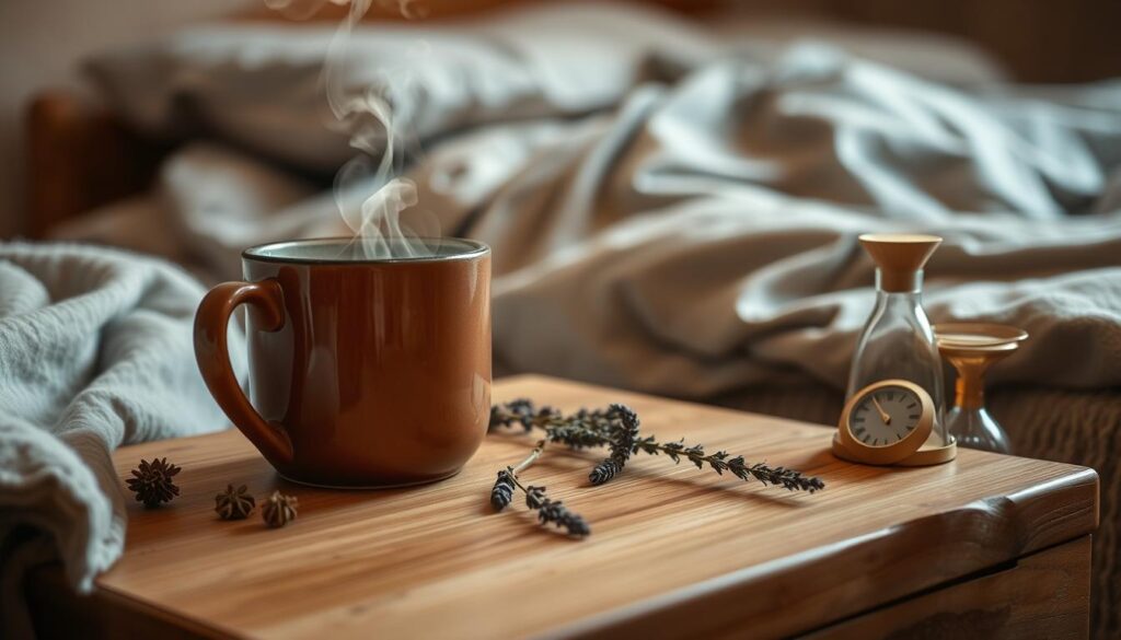 A steaming mug of herbal tea rests on a wooden nightstand, surrounded by cozy textiles and natural elements. Soft, warm lighting illuminates the scene, creating a calming, intimate atmosphere. In the background, a plush bedding-draped bed invites relaxation. Dried herbs, a sprig of lavender, and a small hourglass add thoughtful details, hinting at the restorative power of this evening ritual. The overall composition conveys a sense of tranquility and mindfulness, perfectly suited for a good night's sleep.