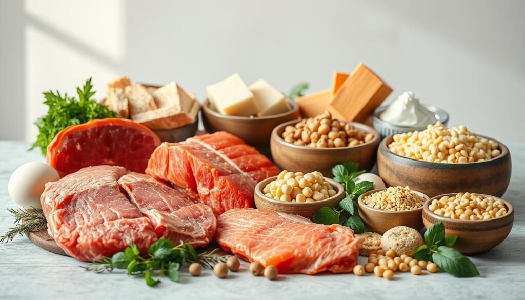 A still life arrangement depicting a diverse array of protein-rich foods. Prominently featured in the foreground are high-quality cuts of red meat, fresh salmon fillets, and farm-fresh eggs. In the middle ground, an assortment of plant-based protein sources such as tofu, lentils, chickpeas, and quinoa are displayed in rustic ceramic bowls. The background showcases a neutral, minimalist setting with natural lighting streaming in from the side, casting a warm, inviting glow on the scene. The composition is balanced, highlighting the nutritional richness and versatility of these essential protein sources. A still life arrangement depicting a diverse array of protein-rich foods. Prominently featured in the foreground are high-quality cuts of red meat, fresh salmon fillets, and farm-fresh eggs. In the middle ground, an assortment of plant-based protein sources such as tofu, lentils, chickpeas, and quinoa are displayed in rustic ceramic bowls. The background showcases a neutral, minimalist setting with natural lighting streaming in from the side, casting a warm, inviting glow on the scene. The composition is balanced, highlighting the nutritional richness and versatility of these essential protein sources.