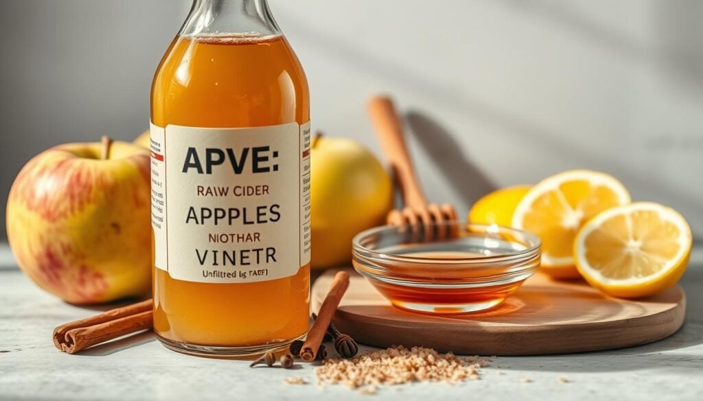 A still life arrangement featuring various ingredients associated with apple cider vinegar. In the foreground, a glass bottle of raw, unfiltered ACV with the "mother" sediment visible. Surrounding it, whole apples, cinnamon sticks, whole cloves, and a small glass bowl filled with honey. In the middle ground, a wooden cutting board with sliced lemons and a sprinkling of brown sugar. Soft, natural lighting illuminates the scene, casting gentle shadows. The overall mood is warm, rustic, and inviting, evoking a sense of natural health and wellness.