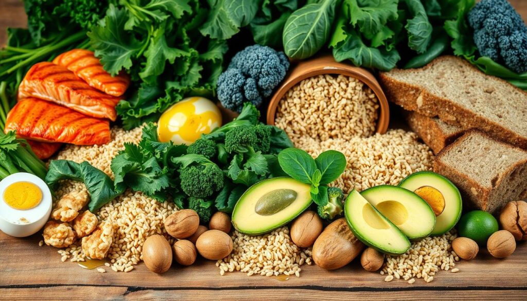 A still life arrangement of high-quality, fresh ingredients arranged on a rustic wooden table. In the foreground, a variety of protein sources such as grilled chicken, salmon fillets, and eggs are neatly presented. In the middle ground, hearty whole grains like quinoa, brown rice, and whole wheat bread slices are grouped together. The background is filled with an abundance of vibrant, leafy green vegetables, including kale, spinach, and broccoli florets. Drizzled over the ensemble are glistening, healthy fats such as avocado slices, olive oil, and walnuts. The lighting is soft and natural, casting a warm, inviting glow over the scene. The overall composition is balanced, visually appealing, and representative of a well-rounded, nutritious meal. A still life arrangement of high-quality, fresh ingredients arranged on a rustic wooden table. In the foreground, a variety of protein sources such as grilled chicken, salmon fillets, and eggs are neatly presented. In the middle ground, hearty whole grains like quinoa, brown rice, and whole wheat bread slices are grouped together. The background is filled with an abundance of vibrant, leafy green vegetables, including kale, spinach, and broccoli florets. Drizzled over the ensemble are glistening, healthy fats such as avocado slices, olive oil, and walnuts. The lighting is soft and natural, casting a warm, inviting glow over the scene. The overall composition is balanced, visually appealing, and representative of a well-rounded, nutritious meal.