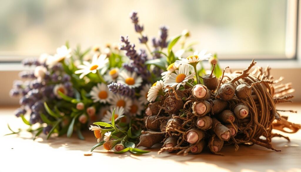 A still life arrangement of various nervine herbs for sleep, bathed in warm, golden lighting and captured with a shallow depth of field. In the foreground, a bundle of valerian roots, their delicate pink blossoms peeking out. Beside them, clusters of chamomile flowers, their soft, feathery petals radiating a serene energy. In the middle ground, sprigs of lemon balm and lavender, their soothing scents mingling in the air. The background is softly blurred, hinting at a tranquil, natural setting, perhaps a windowsill or a rustic wooden table. The overall composition conveys a sense of calm, inviting the viewer to experience the restorative power of these nurturing herbs. A still life arrangement of various nervine herbs for sleep, bathed in warm, golden lighting and captured with a shallow depth of field. In the foreground, a bundle of valerian roots, their delicate pink blossoms peeking out. Beside them, clusters of chamomile flowers, their soft, feathery petals radiating a serene energy. In the middle ground, sprigs of lemon balm and lavender, their soothing scents mingling in the air. The background is softly blurred, hinting at a tranquil, natural setting, perhaps a windowsill or a rustic wooden table. The overall composition conveys a sense of calm, inviting the viewer to experience the restorative power of these nurturing herbs.