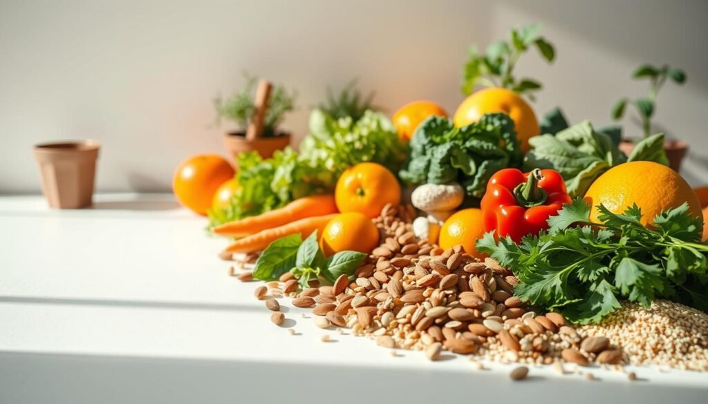 A still life arrangement of various vitamin-rich whole foods, showcased in natural sunlight against a minimalist, off-white backdrop. In the foreground, an assortment of vibrant produce such as leafy greens, carrots, oranges, and red peppers, artfully arranged to highlight their colors and textures. The middle ground features nuts, seeds, and grains like almonds, sunflower seeds, and quinoa, complementing the fresh fruits and vegetables. In the background, a few potted herbs, like basil and parsley, add a verdant touch, evoking a sense of a well-stocked, nourishing kitchen. The lighting is soft and diffused, creating a warm, inviting atmosphere that emphasizes the natural goodness of these wholesome, vitamin-packed ingredients. A still life arrangement of various vitamin-rich whole foods, showcased in natural sunlight against a minimalist, off-white backdrop. In the foreground, an assortment of vibrant produce such as leafy greens, carrots, oranges, and red peppers, artfully arranged to highlight their colors and textures. The middle ground features nuts, seeds, and grains like almonds, sunflower seeds, and quinoa, complementing the fresh fruits and vegetables. In the background, a few potted herbs, like basil and parsley, add a verdant touch, evoking a sense of a well-stocked, nourishing kitchen. The lighting is soft and diffused, creating a warm, inviting atmosphere that emphasizes the natural goodness of these wholesome, vitamin-packed ingredients.