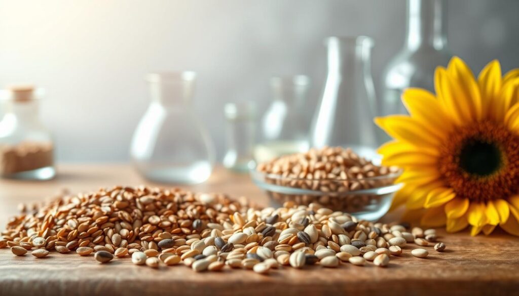 A still life depicting the research and benefits of seed cycling. In the foreground, an arrangement of four different types of seeds - flax, pumpkin, sesame, and sunflower - scattered across a wooden surface. The middle ground features scientific glassware, such as a beaker and petri dish, hinting at the analytical process. The background is a soft, blurred gradient, creating a sense of focus on the central elements. The lighting is natural and warm, casting subtle shadows and highlights to accentuate the textures of the seeds and laboratory equipment. The overall mood is one of thoughtful investigation and the pursuit of wellness through natural means. A still life depicting the research and benefits of seed cycling. In the foreground, an arrangement of four different types of seeds - flax, pumpkin, sesame, and sunflower - scattered across a wooden surface. The middle ground features scientific glassware, such as a beaker and petri dish, hinting at the analytical process. The background is a soft, blurred gradient, creating a sense of focus on the central elements. The lighting is natural and warm, casting subtle shadows and highlights to accentuate the textures of the seeds and laboratory equipment. The overall mood is one of thoughtful investigation and the pursuit of wellness through natural means.