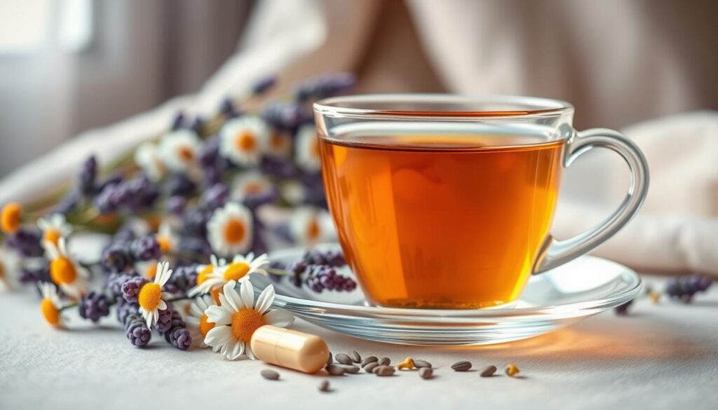 A still life scene of a delicate glass teacup filled with aromatic herbal tea, complemented by a handful of dried chamomile and lavender flowers, and a capsule of GABA supplements. The lighting is soft and warm, casting a gentle glow on the arrangement, creating a calming and soothing atmosphere. The composition is balanced, with the tea and flowers in the foreground, and a blurred background that suggests a peaceful, contemplative setting. The image conveys the restorative and brain-calming properties of the natural ingredients, hinting at the science behind the effectiveness of herbal teas and GABA for promoting restful, deep sleep.