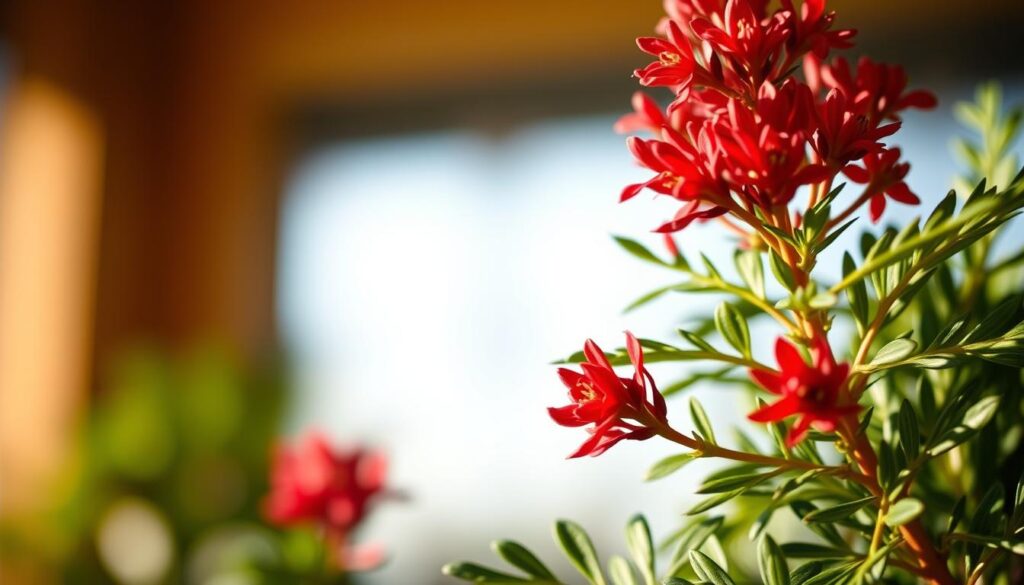 A striking close-up of the rhodiola rosea plant, its lush green leaves and vibrant red flowers contrasted against a soft, blurred background. The image is bathed in warm, natural lighting, capturing the plant's intricate details and lush texture. The composition emphasizes the plant's vital essence, conveying a sense of mental clarity and cognitive enhancement. The scene is captured through a medium-wide lens, allowing the viewer to fully immerse themselves in the botanical's restorative properties. This visually compelling representation effectively illustrates the mental health benefits of this powerful adaptogenic herb.