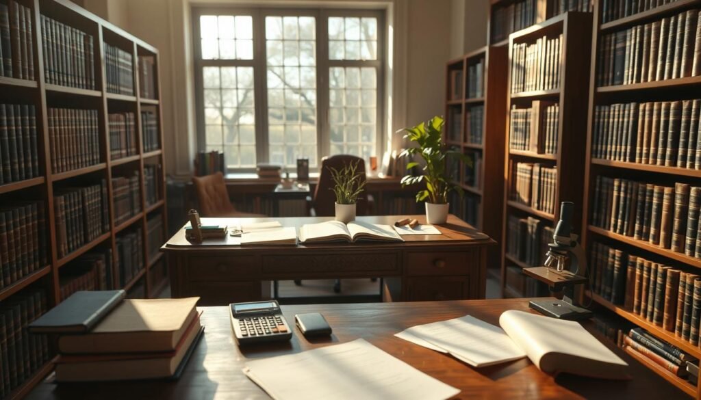 A study desk in a sunlit academic setting, books and papers neatly arranged, with a scientific calculator, a microscope, and a potted plant. The wooden desk is flanked by bookshelves filled with leather-bound tomes, creating a contemplative atmosphere. Soft, natural lighting filters through large windows, casting a warm glow over the scene. The angle is slightly elevated, giving a birds-eye view of the organized workspace, conveying a sense of diligence and focus. The mood is one of scholarly pursuit, the environment conducive to deep thought and understanding. A study desk in a sunlit academic setting, books and papers neatly arranged, with a scientific calculator, a microscope, and a potted plant. The wooden desk is flanked by bookshelves filled with leather-bound tomes, creating a contemplative atmosphere. Soft, natural lighting filters through large windows, casting a warm glow over the scene. The angle is slightly elevated, giving a birds-eye view of the organized workspace, conveying a sense of diligence and focus. The mood is one of scholarly pursuit, the environment conducive to deep thought and understanding.