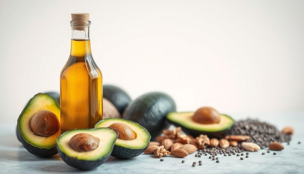A stunning still-life composition showcasing a variety of healthy fats and oils. In the foreground, a glass bottle of premium extra virgin olive oil stands tall, its amber hue catching the warm, soft lighting. Surrounding it are glistening avocado halves, their rich green flesh contrasting beautifully with the deep brown pit. In the middle ground, a selection of nuts and seeds, such as walnuts, almonds, and chia, are arranged in a visually appealing manner. The background is a clean, minimalist surface, allowing the nutritious ingredients to take center stage. The overall scene exudes a sense of health, wellness, and culinary sophistication, perfectly capturing the essence of "Healthy Fats and Oils: Olive Oil, Avocado Oil, and More". A stunning still-life composition showcasing a variety of healthy fats and oils. In the foreground, a glass bottle of premium extra virgin olive oil stands tall, its amber hue catching the warm, soft lighting. Surrounding it are glistening avocado halves, their rich green flesh contrasting beautifully with the deep brown pit. In the middle ground, a selection of nuts and seeds, such as walnuts, almonds, and chia, are arranged in a visually appealing manner. The background is a clean, minimalist surface, allowing the nutritious ingredients to take center stage. The overall scene exudes a sense of health, wellness, and culinary sophistication, perfectly capturing the essence of "Healthy Fats and Oils: Olive Oil, Avocado Oil, and More".