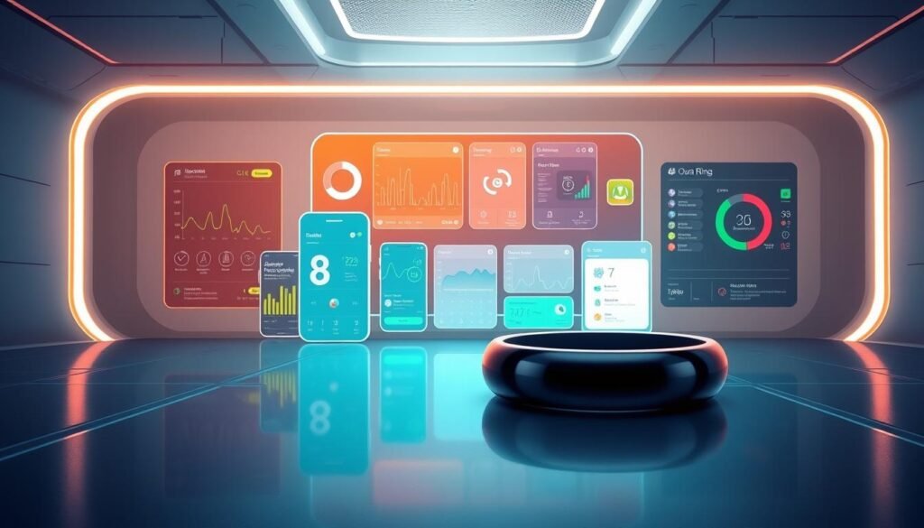 A stylish, futuristic illustration showcasing the seamless integration of the Oura Ring with various health and fitness apps. In the foreground, the sleek Oura Ring device is prominently displayed, its surface reflecting the glow of nearby digital displays. In the middle ground, vibrant data visualizations and intuitive interfaces from partner apps are arranged in a dynamic, interconnected layout. The background features a minimalist, high-tech environment with clean lines, subtle gradients, and a sense of technological sophistication. The overall composition conveys the powerful ecosystem of data and insights that the Oura Ring can unlock through its diverse integrations, empowering users to optimize their health and wellness.