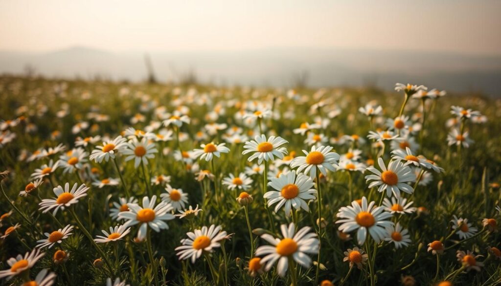 A sun-dappled field of chamomile flowers, their delicate white petals gently curving around golden centers. The foreground is a lush carpet of soft, feathery foliage, inviting the viewer to sink into its calming embrace. In the middle ground, the flowers sway softly in a light breeze, their tranquil motion evoking a sense of serene repose. The background features a hazy, atmospheric landscape, with a softly blurred horizon line that creates a sense of depth and contemplation. The lighting is warm and natural, casting a gentle glow over the scene, heightening the soothing, therapeutic ambiance. Captured with a wide-angle lens to immerse the viewer in the peaceful chamomile haven, this image conveys the gentle, restorative essence of this timeless medicinal herb. A sun-dappled field of chamomile flowers, their delicate white petals gently curving around golden centers. The foreground is a lush carpet of soft, feathery foliage, inviting the viewer to sink into its calming embrace. In the middle ground, the flowers sway softly in a light breeze, their tranquil motion evoking a sense of serene repose. The background features a hazy, atmospheric landscape, with a softly blurred horizon line that creates a sense of depth and contemplation. The lighting is warm and natural, casting a gentle glow over the scene, heightening the soothing, therapeutic ambiance. Captured with a wide-angle lens to immerse the viewer in the peaceful chamomile haven, this image conveys the gentle, restorative essence of this timeless medicinal herb.