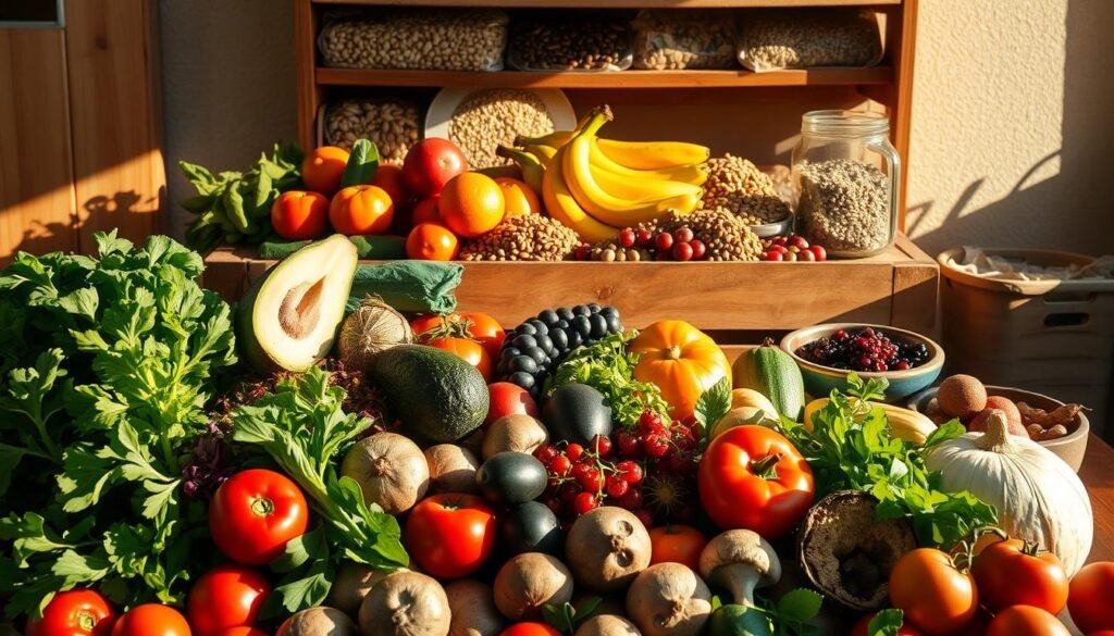 A sun-dappled still life of a diverse array of whole foods, bathed in warm, golden light. In the foreground, a cornucopia of vibrant, freshly harvested produce: crisp leafy greens, ruby-red tomatoes, plump avocados, and earthy mushrooms. In the middle ground, a wooden crate overflows with an abundance of seasonal fruits - juicy oranges, ripe bananas, and succulent berries. In the background, a rustic wooden shelf displays an assortment of whole grains, legumes, and nuts, casting intriguing shadows. The scene conveys a sense of natural abundance, vitality, and the joy of nourishing oneself with real, whole foods. A sun-dappled still life of a diverse array of whole foods, bathed in warm, golden light. In the foreground, a cornucopia of vibrant, freshly harvested produce: crisp leafy greens, ruby-red tomatoes, plump avocados, and earthy mushrooms. In the middle ground, a wooden crate overflows with an abundance of seasonal fruits - juicy oranges, ripe bananas, and succulent berries. In the background, a rustic wooden shelf displays an assortment of whole grains, legumes, and nuts, casting intriguing shadows. The scene conveys a sense of natural abundance, vitality, and the joy of nourishing oneself with real, whole foods.