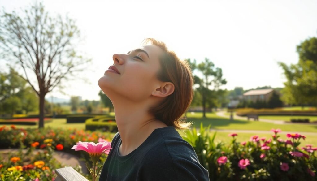 A sun-drenched outdoor scene, with a person sitting on a bench, basking in the warm daylight. The foreground features a well-maintained garden with vibrant flowers and lush greenery. The middle ground showcases the person, their face tilted upwards, eyes closed as they soak in the natural light. The background depicts a tranquil landscape, perhaps a park or a quiet neighborhood, with trees and buildings in the distance. The lighting is soft and diffused, creating a calming and rejuvenating atmosphere. The lens captures a wide, panoramic view, emphasizing the sense of openness and the abundance of daylight exposure.