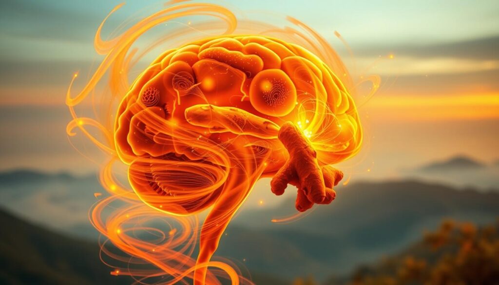 A surreal, visually striking depiction of the interconnectedness between brain, mood, and skin, illuminated by the warm, vibrant hues of turmeric and ginger. In the foreground, a translucent human brain pulsates with energy, reflecting the holistic wellbeing fostered by these two potent spices. Swirling around it, abstract patterns of skin textures and moods coalesce, creating a mesmerizing and harmonious whole. The middle ground features stylized representations of turmeric and ginger, their rhizomes intertwined, emanating a soft, glowing aura. The background is a dreamlike landscape, bathed in a soothing, golden light that evokes a sense of balance and tranquility. The overall composition conveys the profound, whole-body benefits of these natural allies, seamlessly integrating the physical, mental, and emotional dimensions of wellness. A surreal, visually striking depiction of the interconnectedness between brain, mood, and skin, illuminated by the warm, vibrant hues of turmeric and ginger. In the foreground, a translucent human brain pulsates with energy, reflecting the holistic wellbeing fostered by these two potent spices. Swirling around it, abstract patterns of skin textures and moods coalesce, creating a mesmerizing and harmonious whole. The middle ground features stylized representations of turmeric and ginger, their rhizomes intertwined, emanating a soft, glowing aura. The background is a dreamlike landscape, bathed in a soothing, golden light that evokes a sense of balance and tranquility. The overall composition conveys the profound, whole-body benefits of these natural allies, seamlessly integrating the physical, mental, and emotional dimensions of wellness.