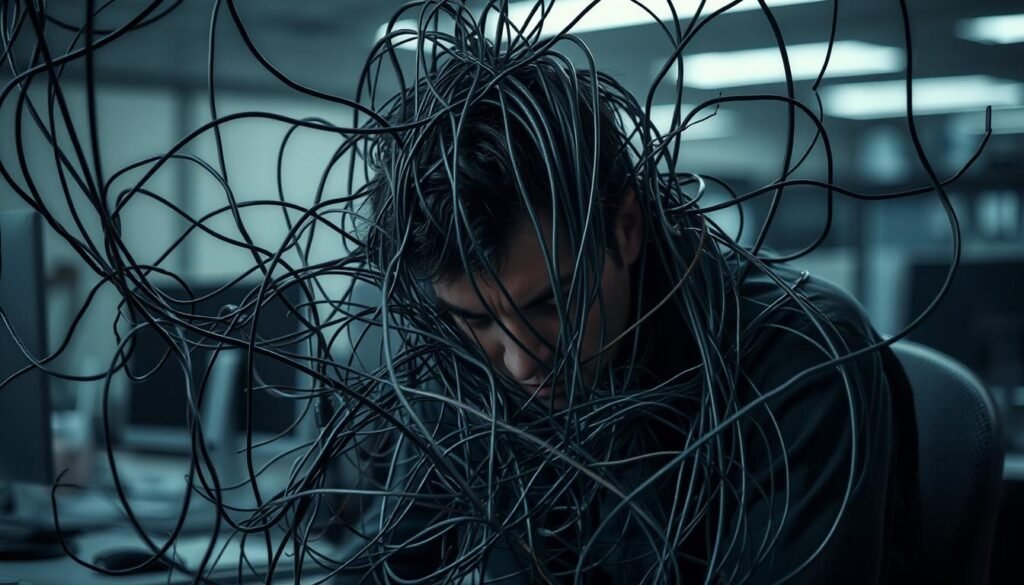A tangle of tangled wires and cables, representing the overwhelming demands and complexities of modern life, cast a shadowy web across a weary, hunched figure. The figure's face is obscured, conveying a sense of exhaustion and disconnection. The lighting is dim, with muted hues of grays and blues, creating an atmosphere of heaviness and melancholy. In the background, a blurred office setting suggests the encroachment of work obligations into personal space, contributing to the overall sense of burnout. The composition emphasizes the feelings of being trapped, overwhelmed, and unable to find relief, reflecting the debilitating physical and emotional impacts of deep burnout. A tangle of tangled wires and cables, representing the overwhelming demands and complexities of modern life, cast a shadowy web across a weary, hunched figure. The figure's face is obscured, conveying a sense of exhaustion and disconnection. The lighting is dim, with muted hues of grays and blues, creating an atmosphere of heaviness and melancholy. In the background, a blurred office setting suggests the encroachment of work obligations into personal space, contributing to the overall sense of burnout. The composition emphasizes the feelings of being trapped, overwhelmed, and unable to find relief, reflecting the debilitating physical and emotional impacts of deep burnout.