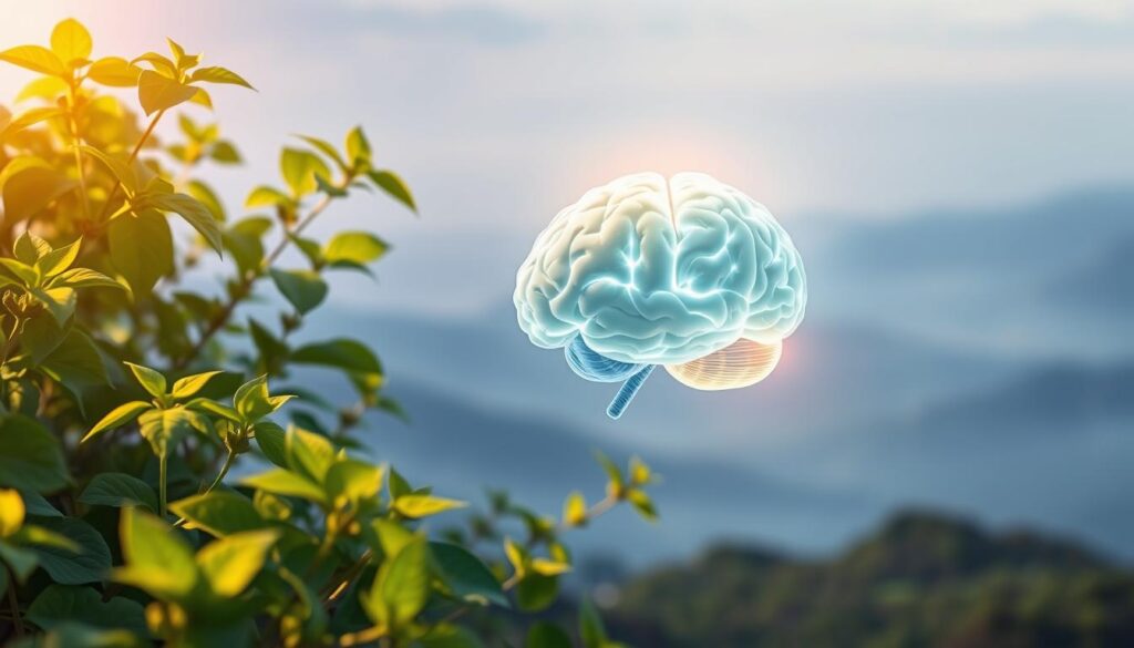 A tranquil and serene scene depicting the essence of brain health. In the foreground, a glowing, transparent brain floats, surrounded by a soft, diffused light. The middle ground features lush, verdant foliage of herbs like holy basil, gotu kola, and brahmi, their vibrant colors and intricate textures adding depth and complexity. The background showcases a calming, ethereal landscape with subtle hues of blue and purple, conveying a sense of mental clarity and focus. The lighting is warm and gentle, creating a soothing, contemplative atmosphere. Captured through a wide-angle lens, the composition emphasizes the harmonious integration of mind, body, and nature.