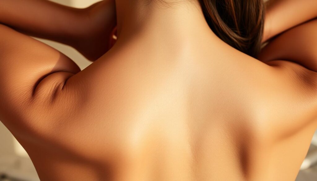 A tranquil close-up view of the upper back, shoulders, and neck, captured in warm, natural lighting. The musculature is defined, with a slight contraction as the figure gently stretches. The skin has a soft, healthy glow, and the pose conveys a sense of relaxation and ease. The frame is tightly cropped, focusing the viewer's attention on the specific body region being targeted in the nighttime stretch routine. The mood is serene, inviting the viewer to imagine the restorative benefits of this simple, yet effective, sleep-promoting exercise. A tranquil close-up view of the upper back, shoulders, and neck, captured in warm, natural lighting. The musculature is defined, with a slight contraction as the figure gently stretches. The skin has a soft, healthy glow, and the pose conveys a sense of relaxation and ease. The frame is tightly cropped, focusing the viewer's attention on the specific body region being targeted in the nighttime stretch routine. The mood is serene, inviting the viewer to imagine the restorative benefits of this simple, yet effective, sleep-promoting exercise.