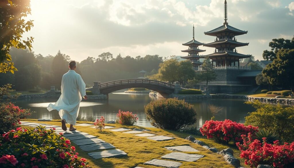 A tranquil figure in a flowing white robe walks meditatively through a serene garden, their steps in perfect rhythm with the gentle breeze. Sunlight filters through the lush foliage, casting a warm, contemplative glow. In the foreground, a stone path winds through a carefully curated landscape of vibrant flowers and verdant shrubs. The middle ground features a traditional Japanese bridge arching over a placid pond, its surface mirroring the surrounding scenery. In the distance, a towering pagoda rises, its pagodas silhouetted against a softly clouded sky. The overall atmosphere is one of profound inner peace and mindful connection with the natural world. A tranquil figure in a flowing white robe walks meditatively through a serene garden, their steps in perfect rhythm with the gentle breeze. Sunlight filters through the lush foliage, casting a warm, contemplative glow. In the foreground, a stone path winds through a carefully curated landscape of vibrant flowers and verdant shrubs. The middle ground features a traditional Japanese bridge arching over a placid pond, its surface mirroring the surrounding scenery. In the distance, a towering pagoda rises, its pagodas silhouetted against a softly clouded sky. The overall atmosphere is one of profound inner peace and mindful connection with the natural world.