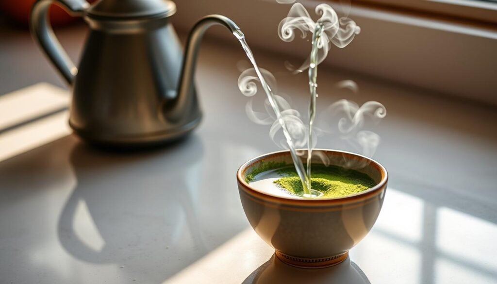 A tranquil kitchen counter, its surface bathed in soft, natural light. In the foreground, a delicate ceramic matcha bowl filled with vibrant green powder. Beside it, a gooseneck kettle emitting swirling wisps of fragrant steam. The water, heated to the perfect temperature, cascades gently into the bowl, creating a mesmerizing, foamy vortex. The scene exudes a sense of ritual and mindfulness, inviting the viewer to savor the calming, focused energy of this ancient Japanese preparation.
