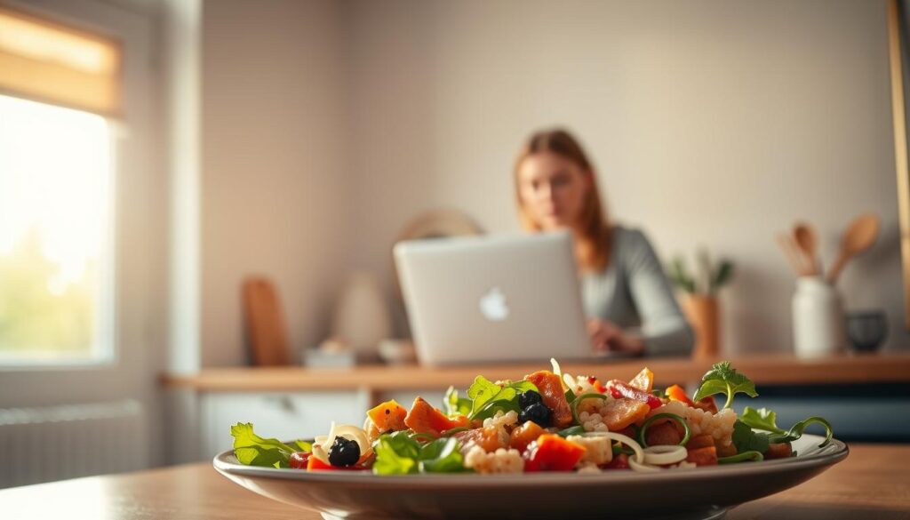 A tranquil kitchen scene bathed in warm, diffused light. In the foreground, a plate of nourishing food - a vibrant salad, a hearty grain bowl, or a colorful stir-fry. The ingredients are fresh and artfully arranged, conveying a sense of balance and energy. In the middle ground, a woman sitting at a table, laptop open, focused yet relaxed, embodying the harmony between meal timing and activity. The background is a softly blurred view of a window, hinting at the ebb and flow of the day outside, the transition between work and rest. The overall atmosphere is one of mindfulness, productivity, and vitality - a visual representation of "Meal Timing That Matches Your Day: Eat With Your Activity to Support Insulin Levels". A tranquil kitchen scene bathed in warm, diffused light. In the foreground, a plate of nourishing food - a vibrant salad, a hearty grain bowl, or a colorful stir-fry. The ingredients are fresh and artfully arranged, conveying a sense of balance and energy. In the middle ground, a woman sitting at a table, laptop open, focused yet relaxed, embodying the harmony between meal timing and activity. The background is a softly blurred view of a window, hinting at the ebb and flow of the day outside, the transition between work and rest. The overall atmosphere is one of mindfulness, productivity, and vitality - a visual representation of "Meal Timing That Matches Your Day: Eat With Your Activity to Support Insulin Levels".