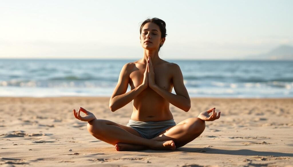 A tranquil, minimalist scene of a person sitting cross-legged on a serene beach, performing a series of slow, controlled breathing exercises. Soft natural lighting bathes the figure, casting gentle shadows across their peaceful expression. The background is a picturesque coastal landscape, with the horizon line blending the sky and ocean into a hazy, calming gradient. The overall mood is one of deep introspection and mindfulness, reflecting the restorative power of breath-based practices.