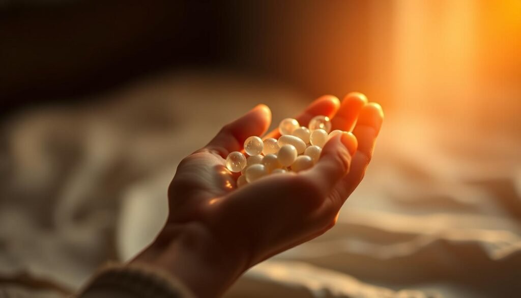 A tranquil scene of a person's hand holding a handful of magnesium-rich supplements, bathed in a warm, golden glow. The supplements appear to shimmer and radiate a soothing energy, symbolizing the benefits of transdermal magnesium for improved sleep. The background is blurred, creating a sense of focus and emphasis on the central element. The lighting is soft and diffused, creating a calming, therapeutic atmosphere. The image conveys a feeling of relaxation, harmony, and the restorative power of this essential mineral. A tranquil scene of a person's hand holding a handful of magnesium-rich supplements, bathed in a warm, golden glow. The supplements appear to shimmer and radiate a soothing energy, symbolizing the benefits of transdermal magnesium for improved sleep. The background is blurred, creating a sense of focus and emphasis on the central element. The lighting is soft and diffused, creating a calming, therapeutic atmosphere. The image conveys a feeling of relaxation, harmony, and the restorative power of this essential mineral.
