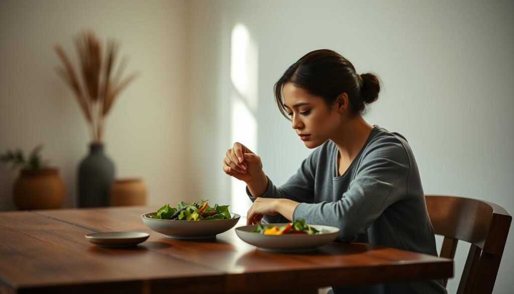 A tranquil scene of mindful eating, with a person seated at a wooden table, savoring a vibrant, plant-based meal. The lighting is soft and natural, casting a warm glow over the scene. The table is adorned with simple yet elegant dishware, and the person's expression is one of focused attention and appreciation. In the background, a soothing, minimalist interior provides a calming backdrop, emphasizing the importance of mindfulness and presence during the act of nourishing the body. The overall atmosphere evokes a sense of serenity, balance, and a deep connection to the food and the present moment.
