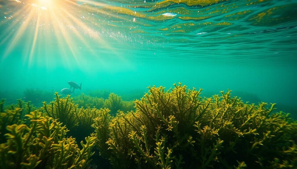 A tranquil seabed teeming with vibrant sea moss, its delicate fronds swaying gently in the current. Shafts of warm, golden light filter through the clear, turquoise waters, casting a serene, underwater glow. In the foreground, the lush, verdant leaves of the sea moss take center stage, their intricate patterns and textures captured in exquisite detail. The middle ground reveals a diverse array of marine life, from schools of colorful fish to the occasional crustacean or mollusk. In the distance, the silhouettes of larger aquatic creatures can be glimpsed, hinting at the rich ecosystem beneath the waves. The overall composition conveys a sense of harmony and the potential health benefits that this nutrient-dense seaweed may offer. A tranquil seabed teeming with vibrant sea moss, its delicate fronds swaying gently in the current. Shafts of warm, golden light filter through the clear, turquoise waters, casting a serene, underwater glow. In the foreground, the lush, verdant leaves of the sea moss take center stage, their intricate patterns and textures captured in exquisite detail. The middle ground reveals a diverse array of marine life, from schools of colorful fish to the occasional crustacean or mollusk. In the distance, the silhouettes of larger aquatic creatures can be glimpsed, hinting at the rich ecosystem beneath the waves. The overall composition conveys a sense of harmony and the potential health benefits that this nutrient-dense seaweed may offer.