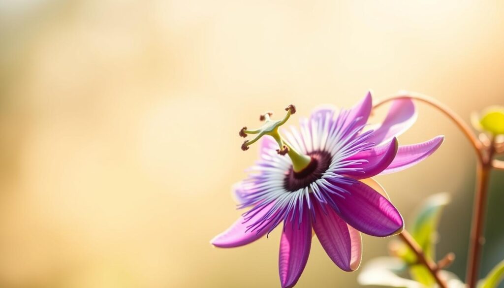 A tranquil, serene image of a passionflower in bloom, its vibrant purple petals gently unfurling against a soft, blurred background. The flower is captured in natural, warm lighting, casting gentle shadows and highlights that accentuate its intricate textures and curves. The composition is balanced, with the passionflower occupying the central focus, surrounded by a hazy, dreamlike environment that evokes a sense of calm and relaxation. The overall mood is soothing and meditative, inviting the viewer to pause and find solace in the beauty of this remarkable plant. A tranquil, serene image of a passionflower in bloom, its vibrant purple petals gently unfurling against a soft, blurred background. The flower is captured in natural, warm lighting, casting gentle shadows and highlights that accentuate its intricate textures and curves. The composition is balanced, with the passionflower occupying the central focus, surrounded by a hazy, dreamlike environment that evokes a sense of calm and relaxation. The overall mood is soothing and meditative, inviting the viewer to pause and find solace in the beauty of this remarkable plant.