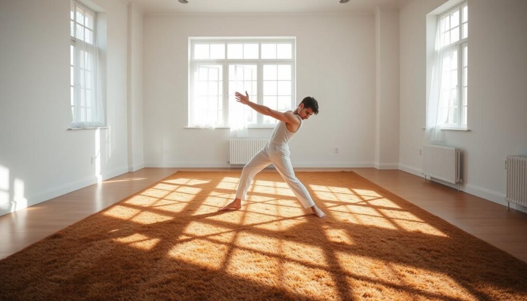 A tranquil studio filled with natural light, the floor covered in a lush, plush mat. In the center, a man in a crisp white outfit performs a series of precise, controlled movements, his body a study in muscular engagement and fluid grace. Shadows dance across the scene, highlighting the defined contours of his physique as he flows through the classic Pilates mat exercises, capturing the essence of Joseph Pilates' groundbreaking method. The atmosphere is one of focused, meditative discipline, a harmonious union of mind and body. A tranquil studio filled with natural light, the floor covered in a lush, plush mat. In the center, a man in a crisp white outfit performs a series of precise, controlled movements, his body a study in muscular engagement and fluid grace. Shadows dance across the scene, highlighting the defined contours of his physique as he flows through the classic Pilates mat exercises, capturing the essence of Joseph Pilates' groundbreaking method. The atmosphere is one of focused, meditative discipline, a harmonious union of mind and body.