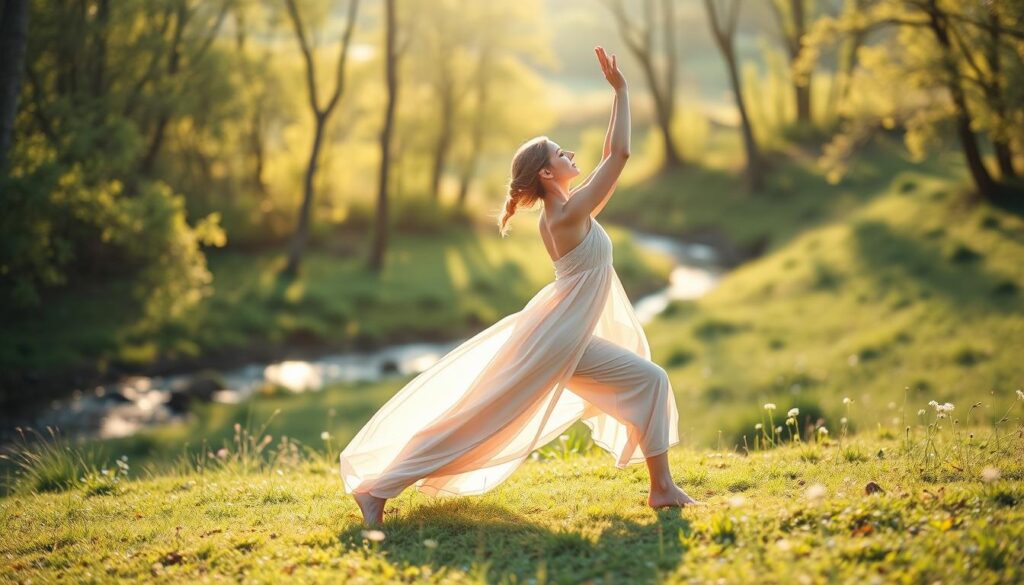 A tranquil, sun-dappled meadow on a gentle slope, with a woman in a flowing, pastel-colored dress gracefully moving through a series of fluid yoga poses. Soft, natural lighting filters through the trees, casting a warm, ethereal glow over the scene. The woman's movements are smooth and deliberate, her expression one of serene focus. In the background, a distant stream glistens, and wildflowers sway in the light breeze. The overall atmosphere is one of peaceful, restorative calm, perfectly suited for a period of gentle, mindful exercise. A tranquil, sun-dappled meadow on a gentle slope, with a woman in a flowing, pastel-colored dress gracefully moving through a series of fluid yoga poses. Soft, natural lighting filters through the trees, casting a warm, ethereal glow over the scene. The woman's movements are smooth and deliberate, her expression one of serene focus. In the background, a distant stream glistens, and wildflowers sway in the light breeze. The overall atmosphere is one of peaceful, restorative calm, perfectly suited for a period of gentle, mindful exercise.