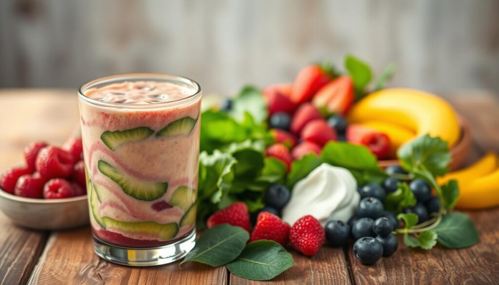 A vibrant and fresh smoothie, filled with a variety of healthy ingredients, sits on a rustic wooden table. The foreground features the smoothie itself, with a creamy, thick texture and a vibrant, multi-colored swirl of fruits and greens. The middle ground showcases a variety of smoothie ingredients, such as fresh berries, leafy greens, and a dollop of Greek yogurt, arranged in an artful, Instagram-worthy display. The background is softly blurred, creating a sense of depth and focus on the main subject. The lighting is natural and diffused, casting a warm, inviting glow on the scene. The overall mood is one of health, wellness, and the simple pleasures of a well-crafted, nutritious smoothie. A vibrant and fresh smoothie, filled with a variety of healthy ingredients, sits on a rustic wooden table. The foreground features the smoothie itself, with a creamy, thick texture and a vibrant, multi-colored swirl of fruits and greens. The middle ground showcases a variety of smoothie ingredients, such as fresh berries, leafy greens, and a dollop of Greek yogurt, arranged in an artful, Instagram-worthy display. The background is softly blurred, creating a sense of depth and focus on the main subject. The lighting is natural and diffused, casting a warm, inviting glow on the scene. The overall mood is one of health, wellness, and the simple pleasures of a well-crafted, nutritious smoothie.