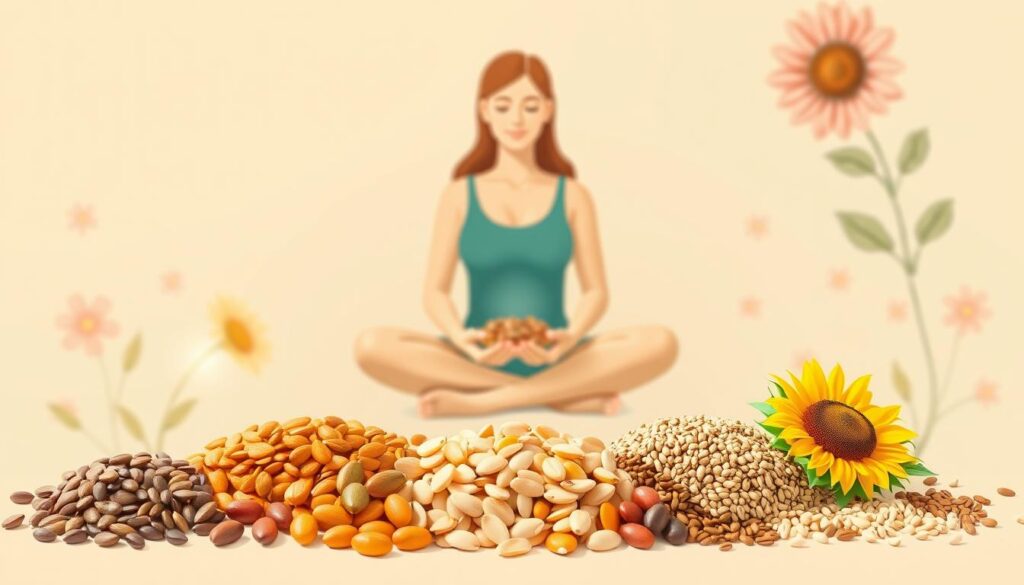A vibrant and informative illustration showcasing the practice of seed cycling for menstrual cycle health. The foreground depicts an assortment of colorful seeds, including flaxseeds, pumpkin seeds, sunflower seeds, and sesame seeds, arranged in a visually appealing manner. The middle ground features a woman sitting cross-legged, her hands gently holding a handful of the seeds, conveying a sense of mindfulness and connection. The background is a soothing, earthy tone, with subtle floral or botanical elements that complement the natural theme. The lighting is soft and warm, creating a calming, inviting atmosphere. The overall composition is balanced and visually striking, effectively communicating the concept of seed cycling for menstrual cycle and hormone regulation. A vibrant and informative illustration showcasing the practice of seed cycling for menstrual cycle health. The foreground depicts an assortment of colorful seeds, including flaxseeds, pumpkin seeds, sunflower seeds, and sesame seeds, arranged in a visually appealing manner. The middle ground features a woman sitting cross-legged, her hands gently holding a handful of the seeds, conveying a sense of mindfulness and connection. The background is a soothing, earthy tone, with subtle floral or botanical elements that complement the natural theme. The lighting is soft and warm, creating a calming, inviting atmosphere. The overall composition is balanced and visually striking, effectively communicating the concept of seed cycling for menstrual cycle and hormone regulation.