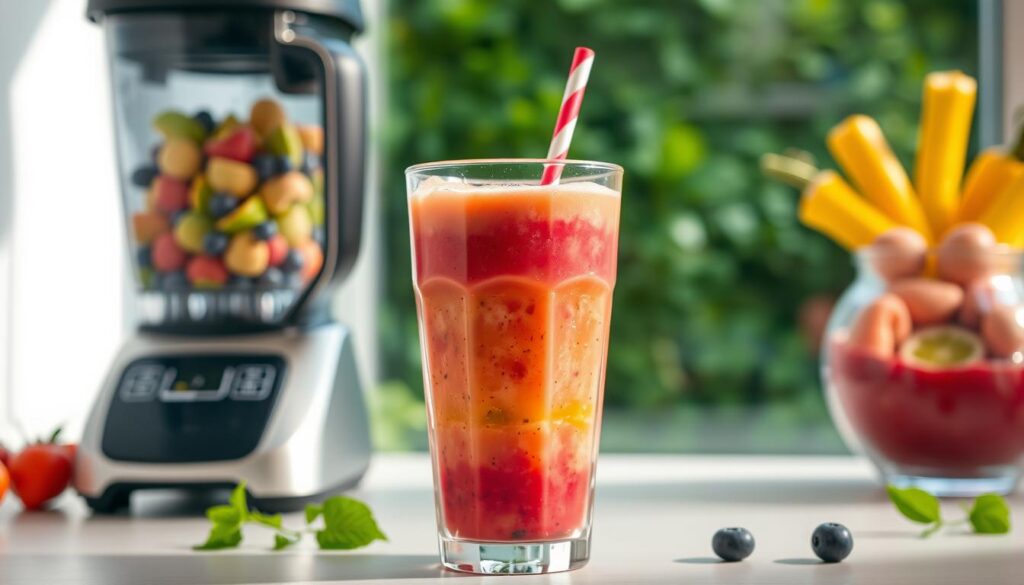 A vibrant, appetizing smoothie in the foreground, with a smooth, creamy texture and a striking blend of colorful fruits and vegetables. Soft, natural lighting illuminates the drink, casting a warm, inviting glow. The middle ground features a blender with its sleek, modern design, positioned on a minimalist, light-colored countertop. In the background, a serene, verdant landscape with lush foliage provides a calming, natural backdrop, emphasizing the healthful, refreshing nature of the smoothie. The overall mood is one of freshness, vitality, and the simple pleasures of a nutritious, homemade beverage. A vibrant, appetizing smoothie in the foreground, with a smooth, creamy texture and a striking blend of colorful fruits and vegetables. Soft, natural lighting illuminates the drink, casting a warm, inviting glow. The middle ground features a blender with its sleek, modern design, positioned on a minimalist, light-colored countertop. In the background, a serene, verdant landscape with lush foliage provides a calming, natural backdrop, emphasizing the healthful, refreshing nature of the smoothie. The overall mood is one of freshness, vitality, and the simple pleasures of a nutritious, homemade beverage.