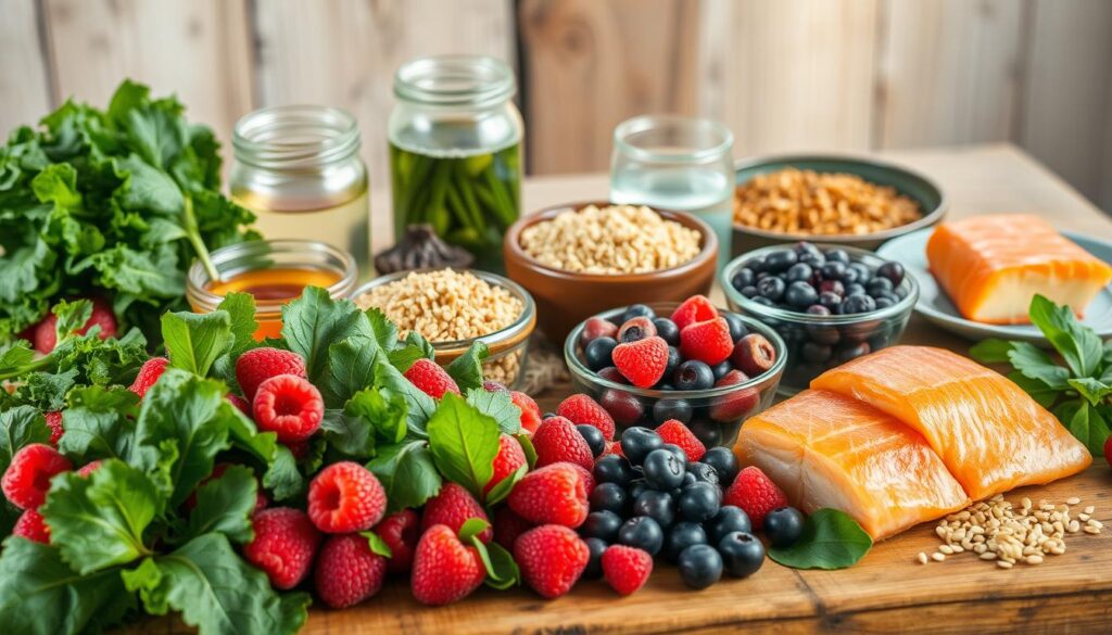 A vibrant assortment of nutrient-rich foods arranged on a rustic wooden table, illuminated by soft, natural lighting. In the foreground, a variety of leafy greens, such as kale and spinach, alongside vibrant berries, including raspberries and blueberries. In the middle ground, a mix of whole grains, such as quinoa and brown rice, complemented by soothing herbal teas and a glass of water. In the background, a selection of lean proteins, including salmon and lentils, creating a balanced and harmonious composition that evokes a sense of nourishment and wellness, perfectly suited for a healthier menstrual cycle. A vibrant assortment of nutrient-rich foods arranged on a rustic wooden table, illuminated by soft, natural lighting. In the foreground, a variety of leafy greens, such as kale and spinach, alongside vibrant berries, including raspberries and blueberries. In the middle ground, a mix of whole grains, such as quinoa and brown rice, complemented by soothing herbal teas and a glass of water. In the background, a selection of lean proteins, including salmon and lentils, creating a balanced and harmonious composition that evokes a sense of nourishment and wellness, perfectly suited for a healthier menstrual cycle.