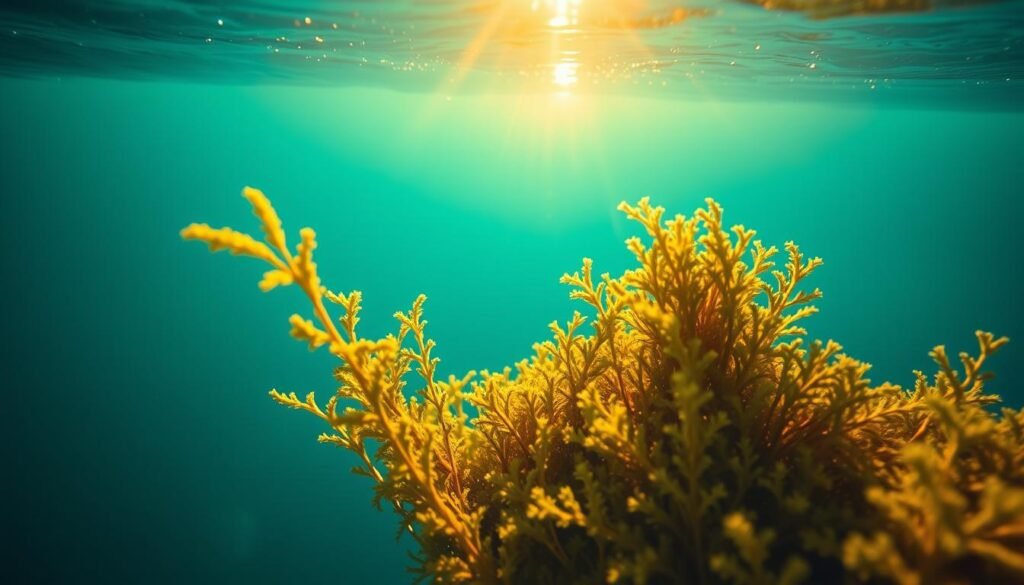 A vibrant, close-up image of lush, verdant sea moss floating gracefully in a crystal-clear aquamarine sea. The moss is backlit by warm, golden sunlight filtering through the water, creating a radiant, restorative glow. In the foreground, individual strands of the moss sway gently, their deep green hues highlighted by the natural lighting. The middle ground features a scattering of nutrient-rich sea moss sprigs, their delicate fronds appearing to shimmer with vitality. The background showcases the boundless ocean horizon, conveying a sense of tranquility and renewal. The overall scene evokes a feeling of holistic wellness and nourishment, reflecting the restorative properties of sea moss. A vibrant, close-up image of lush, verdant sea moss floating gracefully in a crystal-clear aquamarine sea. The moss is backlit by warm, golden sunlight filtering through the water, creating a radiant, restorative glow. In the foreground, individual strands of the moss sway gently, their deep green hues highlighted by the natural lighting. The middle ground features a scattering of nutrient-rich sea moss sprigs, their delicate fronds appearing to shimmer with vitality. The background showcases the boundless ocean horizon, conveying a sense of tranquility and renewal. The overall scene evokes a feeling of holistic wellness and nourishment, reflecting the restorative properties of sea moss.
