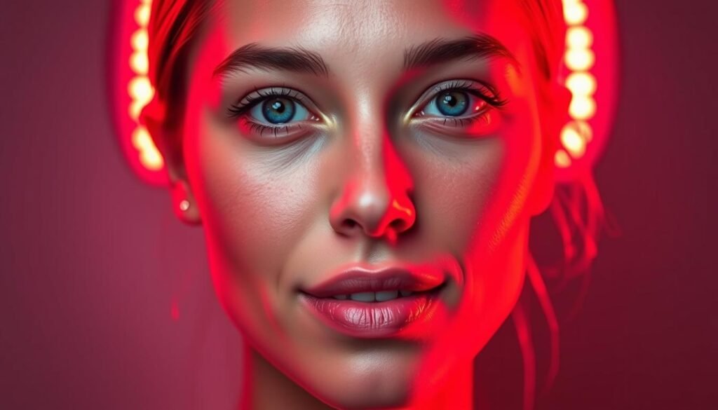A vibrant, close-up portrait showcasing a model's radiant, crimson-hued skin, bathed in the warm, therapeutic glow of red LED lights. The subject's features are softly illuminated, accentuating their natural beauty and healthy complexion. The background is a minimalist, neutral setting, allowing the glowing skin to take center stage. The lighting is diffused and directional, creating a flattering, studio-like aesthetic. The overall mood is serene, calming, and inviting, conveying the rejuvenating benefits of red light therapy.