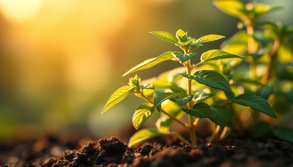 A vibrant, close-up view of a holy basil (Tulsi) plant, its lush green leaves gently unfurling against a softly blurred, ethereal background. The leaves are illuminated by a warm, golden light, casting a serene, calming glow. The plant appears to be growing out of a rich, earthy soil, with a sense of grounded, natural energy. The composition is balanced and focused, drawing the viewer's eye to the intricate details of the holy basil's delicate, fragrant foliage. Soft, diffused shadows add depth and dimension, evoking a sense of tranquility and mental clarity.